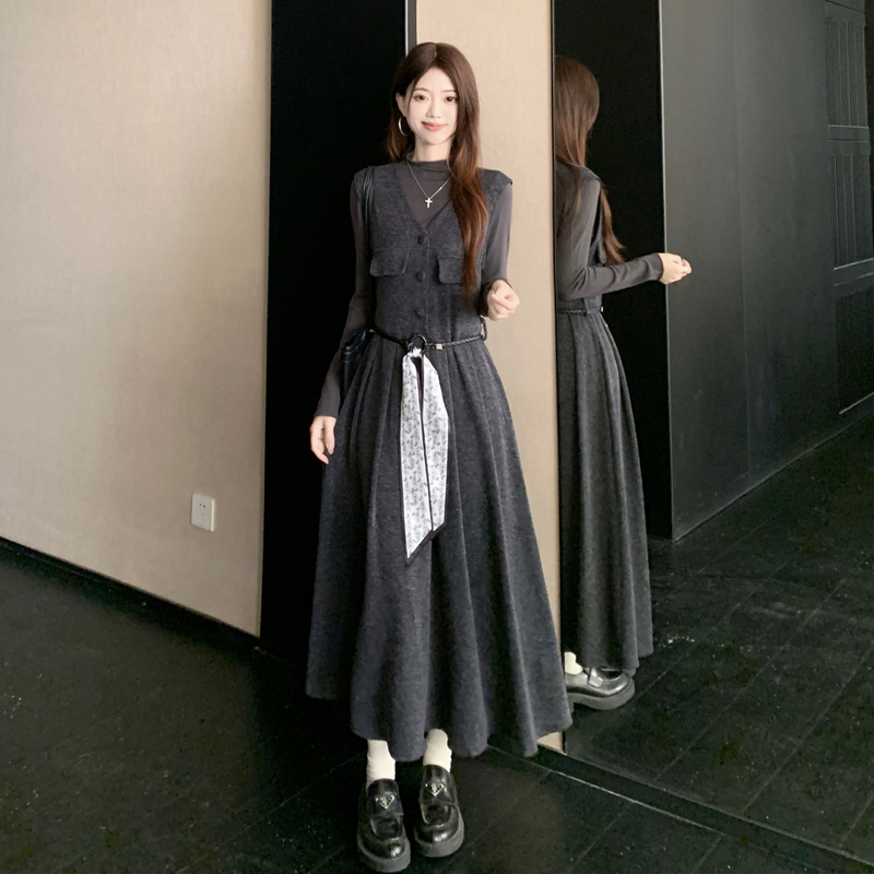实拍~咖色古风套装裙女秋季2025年新款打底衣背心裙大码两件套