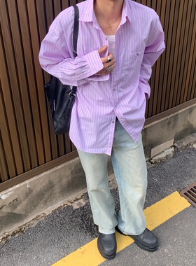 Addressunknown 小众大廓形粉色翻领撞色条纹慵懒风秋季男友衬衫
