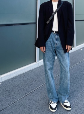 Addressunknown坠感复古宽松欧美水洗直筒裤脚开衩拖地休闲牛仔裤