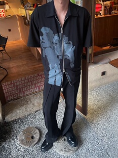 Addressunknown2022夏季高级绸缎印花廓形双拉链潮流古巴短袖衬衣