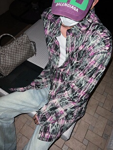 Addressunknown 高街迷幻紫雾格子宽松休闲通勤长袖衬衫新潮衬衣