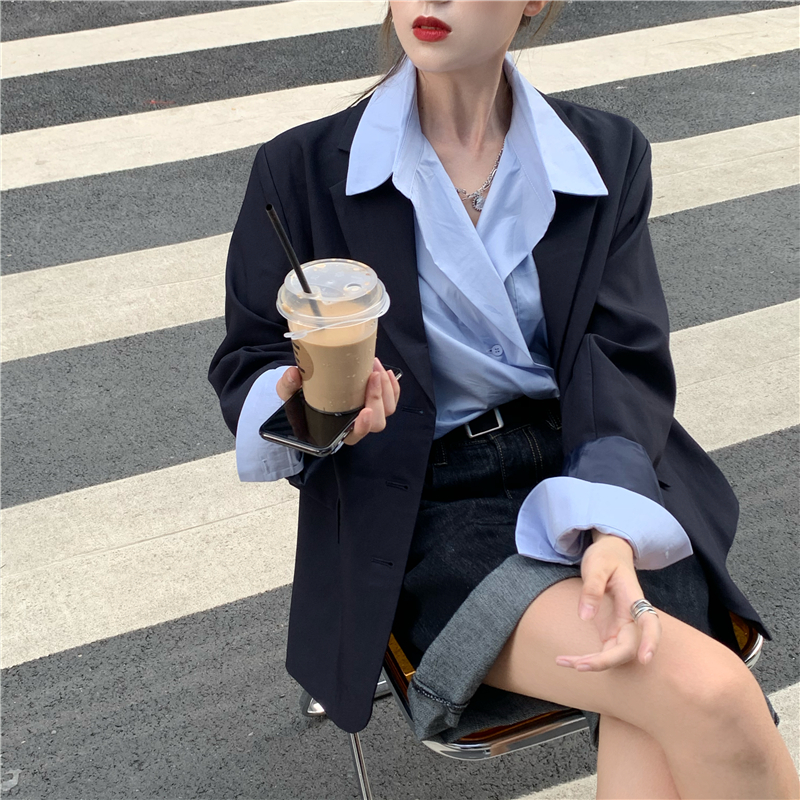 Real shot real price ~ ins Korean style versatile retro fashion suit coat + Cotton Long Sleeve Shirt woman
