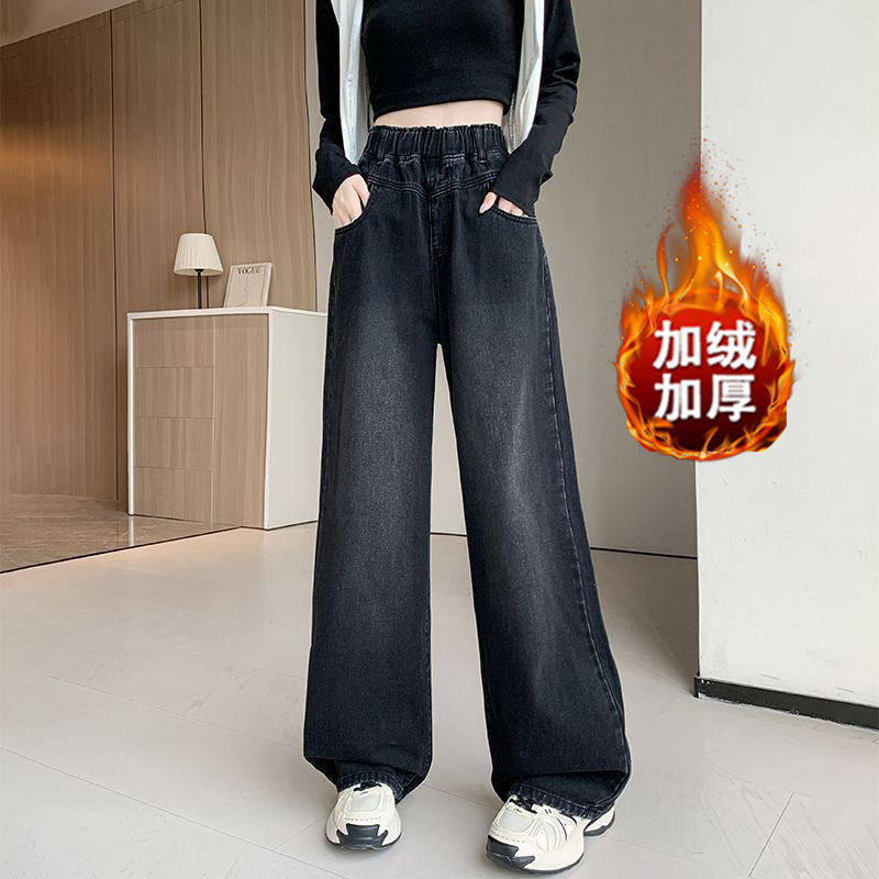 胖mm大码加绒黑色牛仔裤女直筒牛仔裤