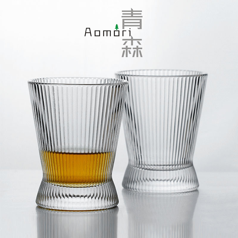 2022日式青森 酒樽竖纹杯 高台酒杯水晶玻璃杯极简设计复古中古风
