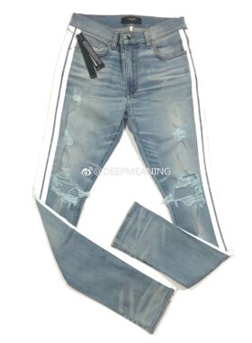 【国内现货】AMIRI 大破坏做旧蓝色侧边白条纹立体修身剪裁牛仔裤