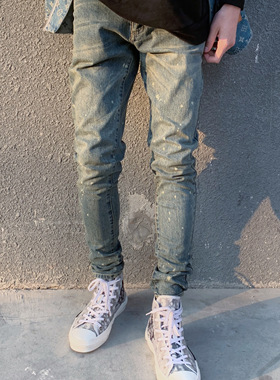 【现货】BONELESS 经典水洗做旧蓝色复古弹力修身泼墨牛仔裤