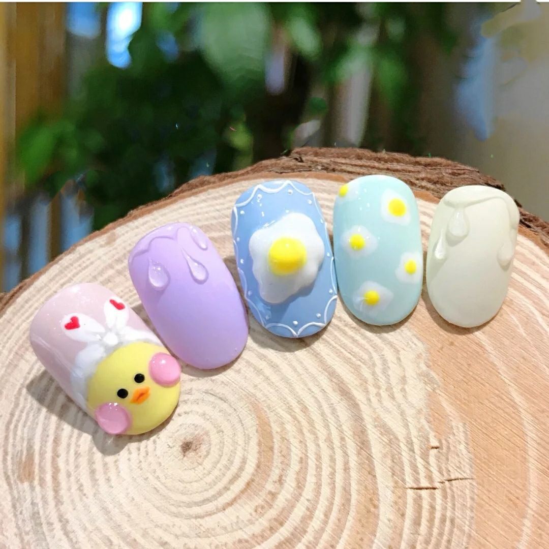 n0196可穿戴手绘卡通网红玻尿酸鸭立体荷包煎蛋光疗成品美甲定制