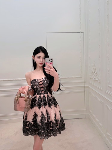 LOCK KK心机千金透视重工刺绣亮片蕾丝撞色仙女裙裹胸礼服连衣裙