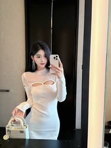 LOCK KK时髦精透视拼接 镂空女神气质针织紧身包臀连衣裙长裙