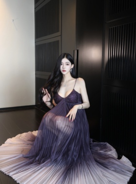 LOCK KK 午夜缪斯 烫钻紫色渐变透视压皱大摆吊带礼服连衣裙长裙
