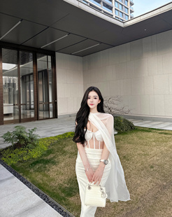 LOCK KK夏季飘带包臀裙子鱼骨抹胸生日性感名媛礼服半身裙套装女