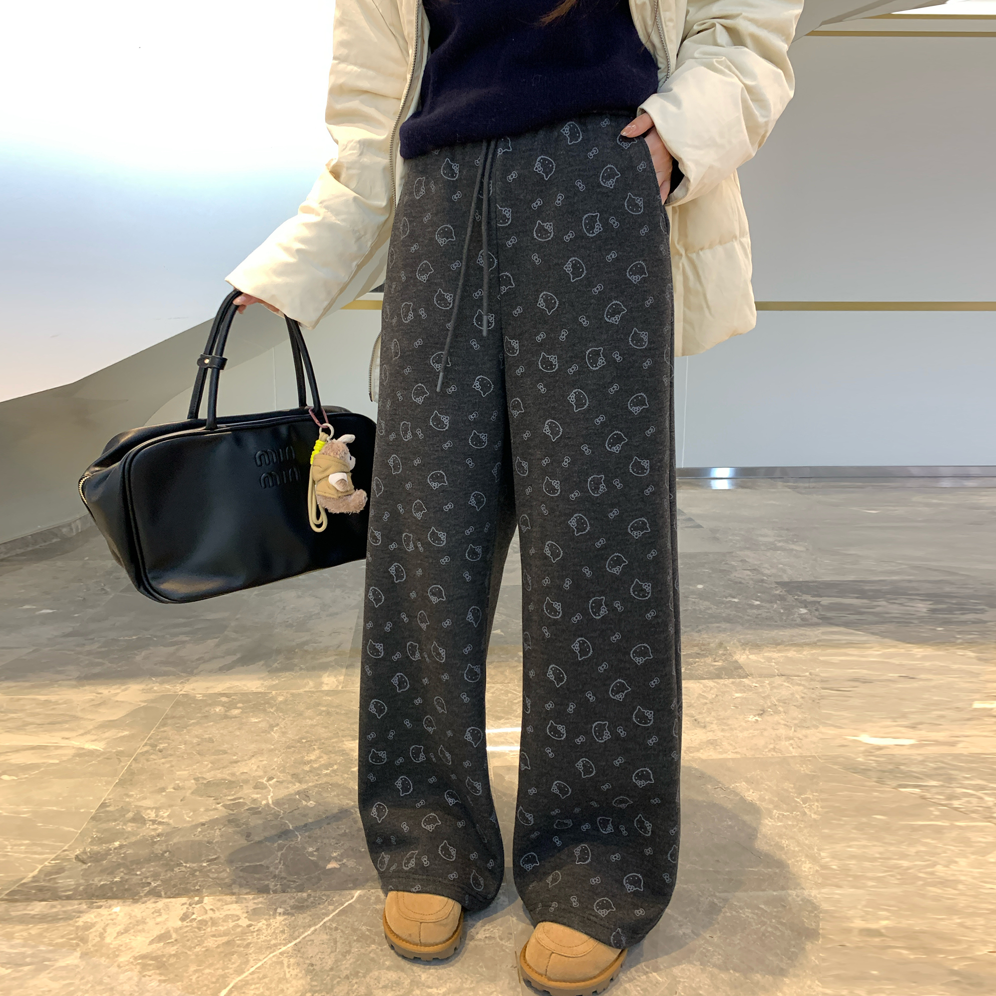 NAZ那子大码冬季羊毛混纺韩版宽松休闲裤胖mmKITTY印花加绒直筒裤