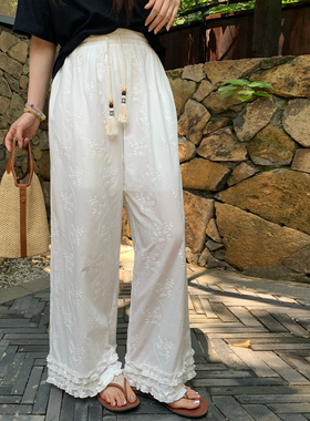 NAZ那子大码夏季全棉绣花木耳边直筒裤胖mm设计感白色镂空休闲裤