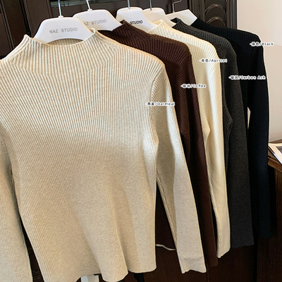 NAZ那子大码秋冬新款坑条半高领百搭显瘦针织打底衫胖mm修身上衣