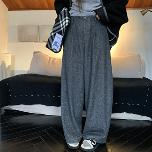 直筒休闲裤 NAZ那子大码 胖mm宽松时尚 50羊毛斜纹呢感阔腿裤 冬季
