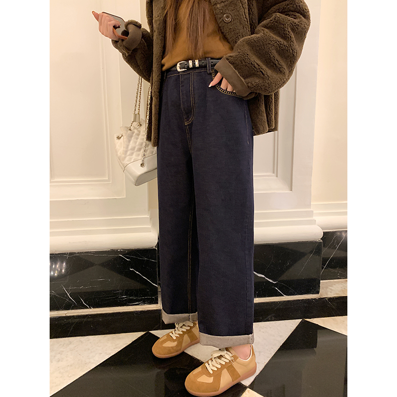 NAZ那子大码秋冬新款复古设计感高腰宽松牛仔裤胖mm直筒烟管裤女