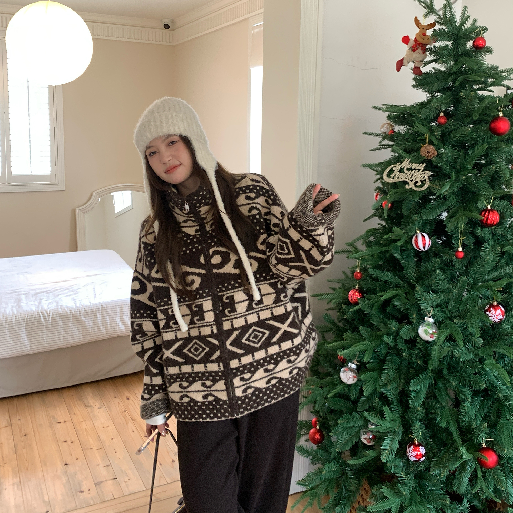 NAZ那子大码冬季休闲立领拉链毛衣胖妹妹提花设计感复古针织衫女