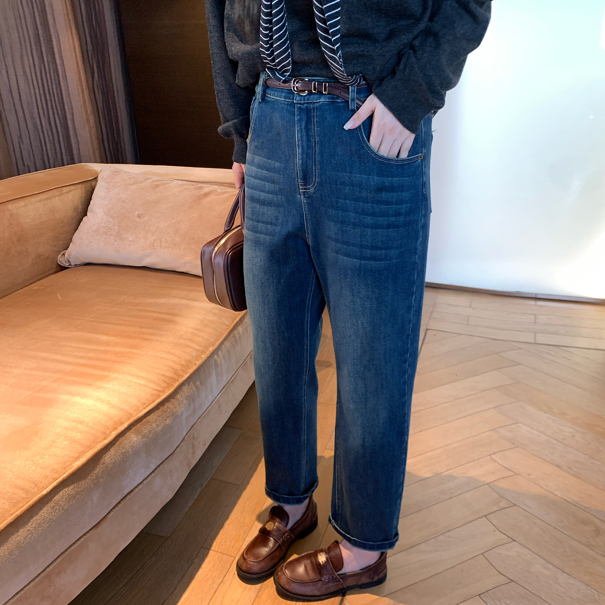 NAZ那子大码秋季水洗牛仔裤感复古蓝九分裤胖mm高腰显瘦烟管裤女