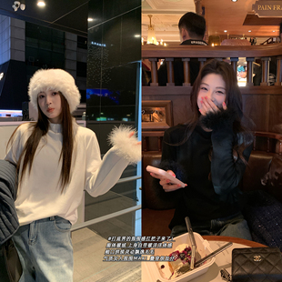 打底衫 膨体暖绒羽毛拼袖 胖mm设计感洋气显瘦T恤 冬装 NAZ那子大码