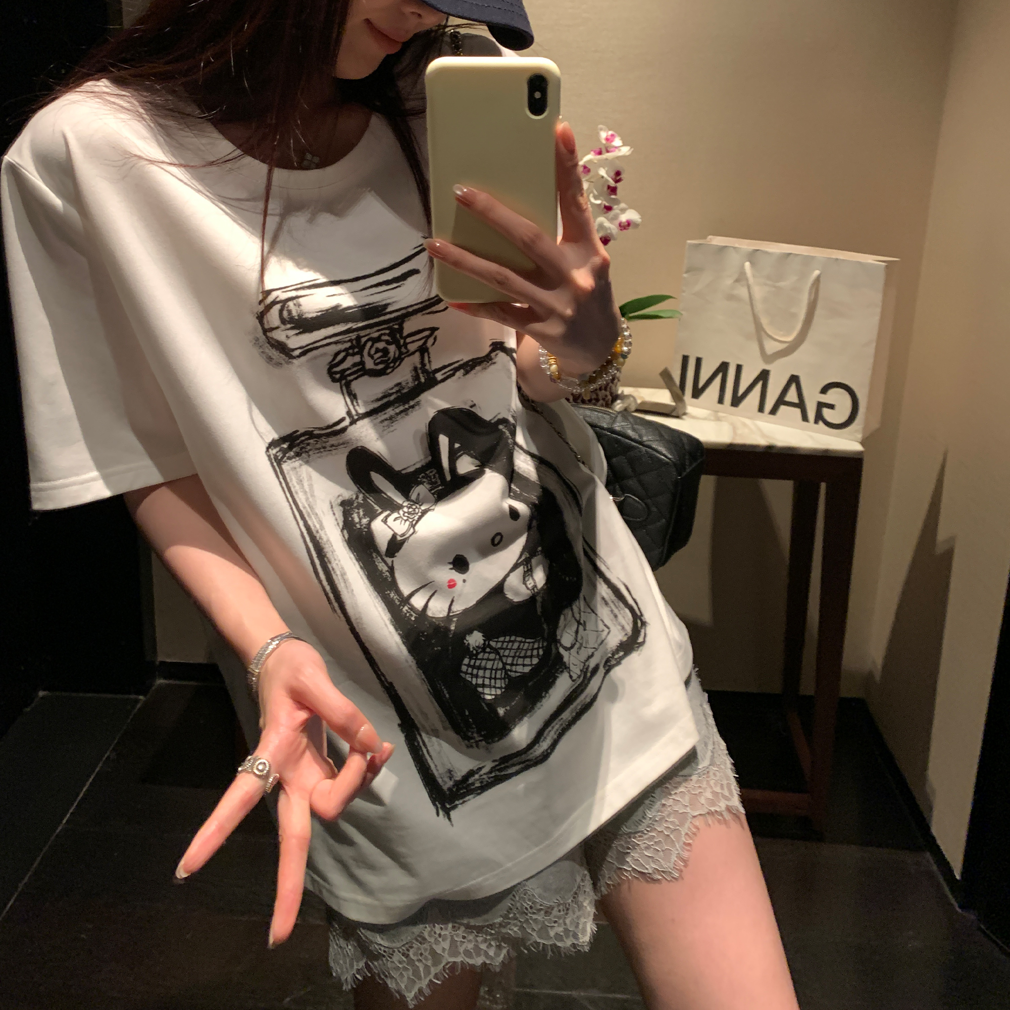 NAZ那子大码夏季唯丝绵兔女郎kt酱印花宽松短袖T恤胖mm休闲上衣