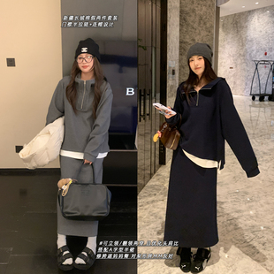 NAZ那子大码 秋冬新疆长绒棉撞色假两件连帽卫衣遮肉半裙胖mm套装