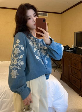 NAZ那子大码秋季新款法式气质蓝色刺绣胖mm复古洋气显瘦长袖衬衫