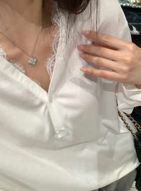 NAZ那子大码秋装莱赛尔麻平纹蕾丝拼接T恤胖mm洋气时尚白色上衣女