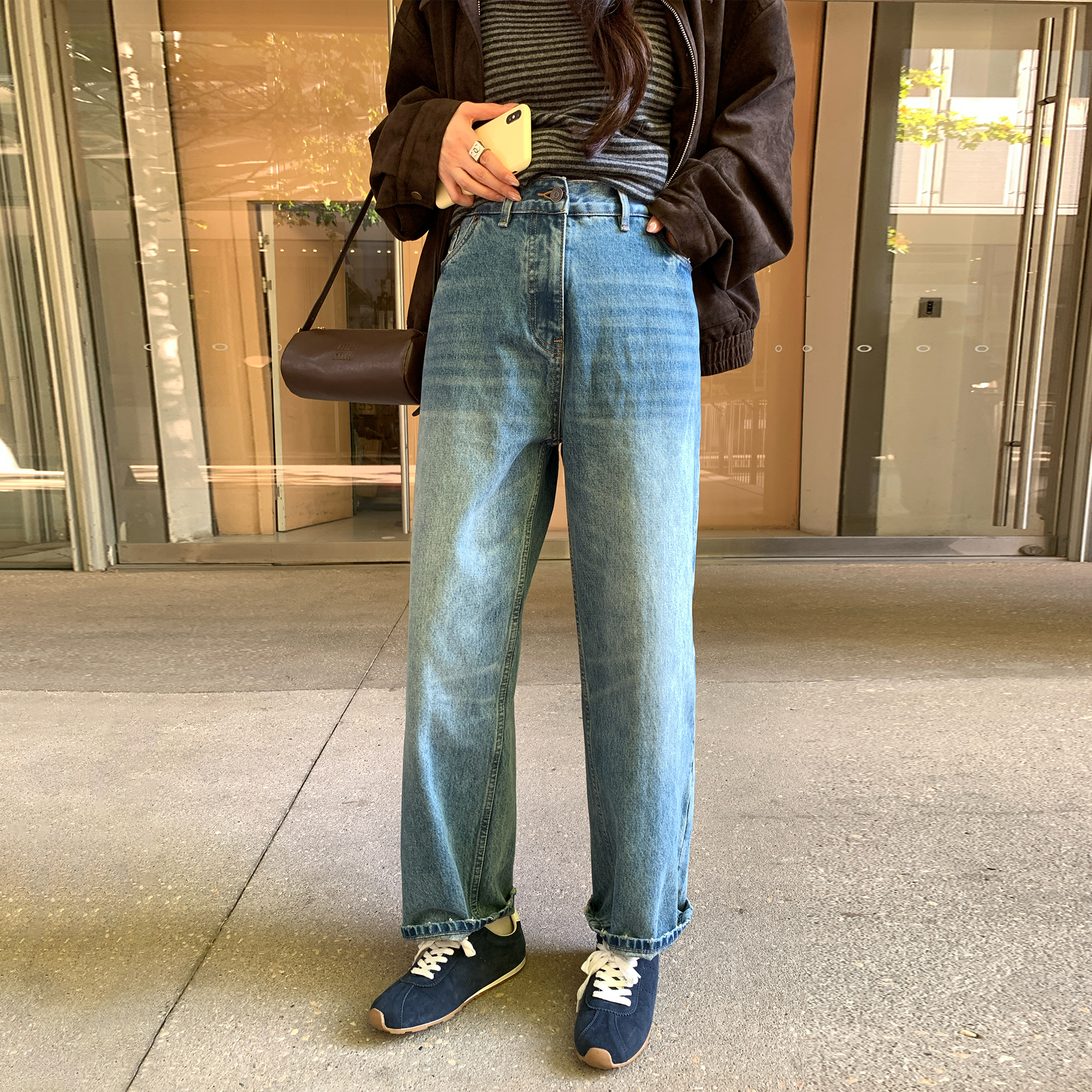 NAZ那子大码秋冬100棉水洗盐蓝牛仔裤胖妹妹高腰显瘦复古直筒长裤