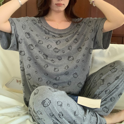 NAZ那子大码夏季莫代尔罗纹童趣kitty印花套装胖mm短袖居家服女