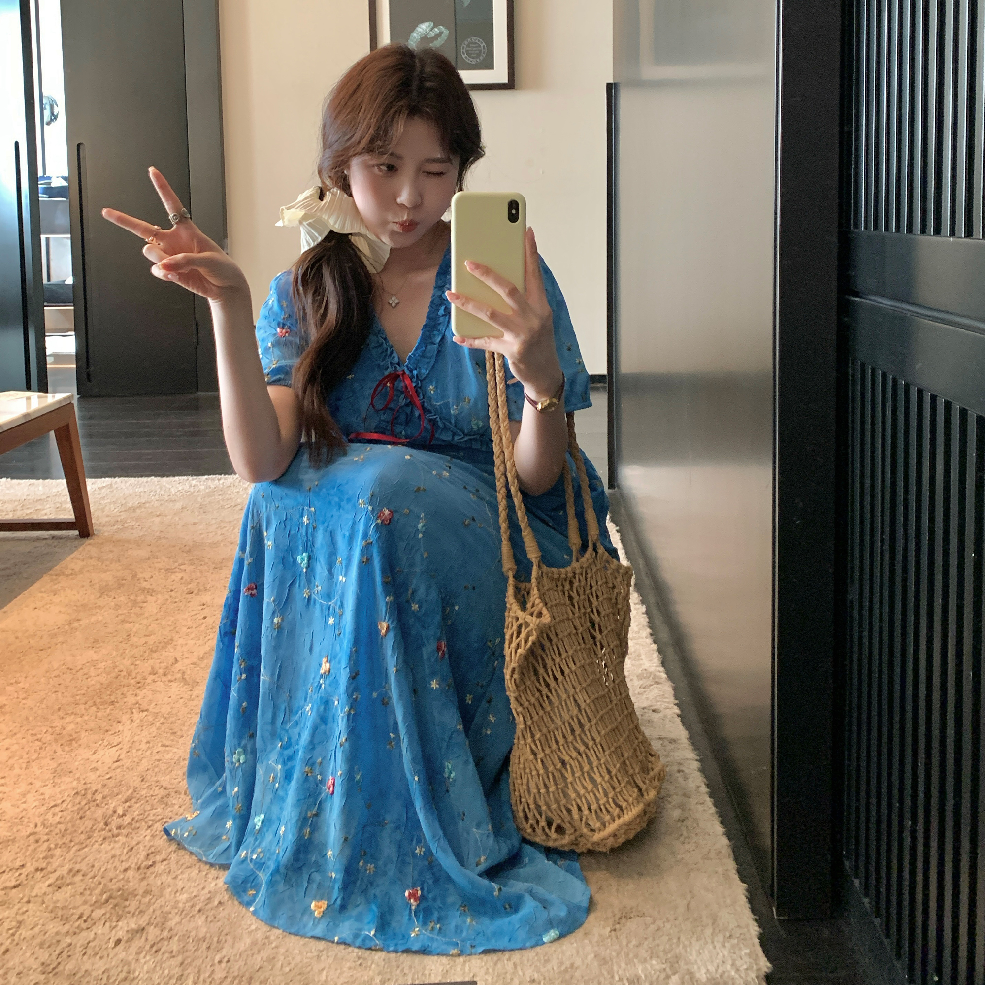 NAZ那子大码褶皱立体缠藤绣胖mm高腰夏季刺绣重工扎染收腰连衣裙