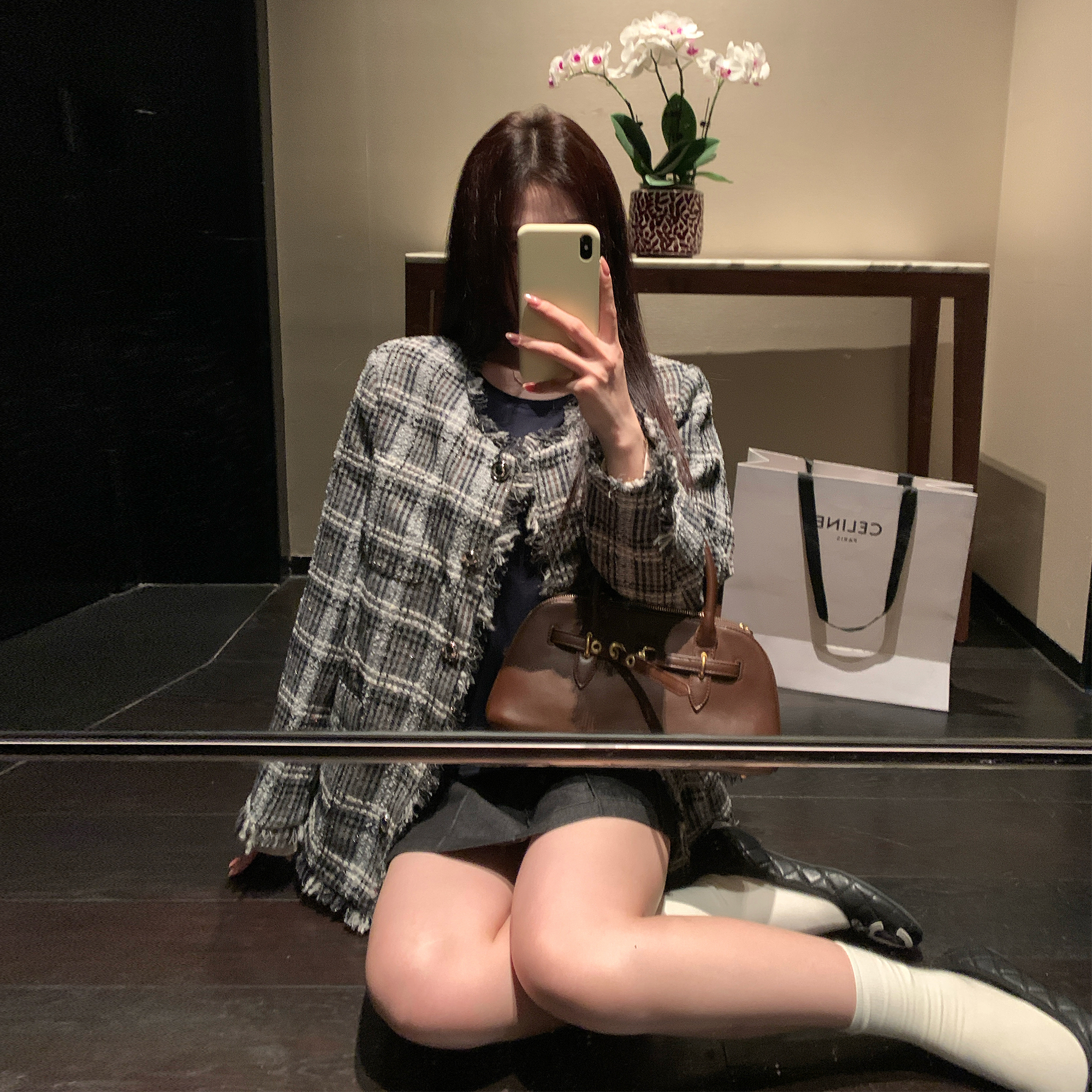 NAZ那子大码秋季羊毛粗花呢流苏设计感格纹时尚胖妹妹小香外套女