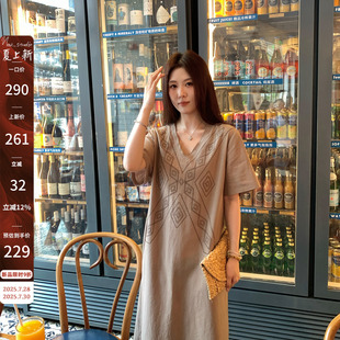 夏季 NAZ那子大码 100进口棉气质特绣V领胖mm宽松复古休闲连衣裙女