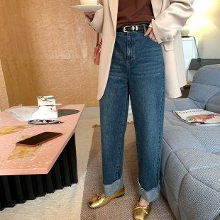 胖妹妹复古牛仔裤 NAZ那子大码 高腰宽松直筒卷边裤 新款 女 2025秋季