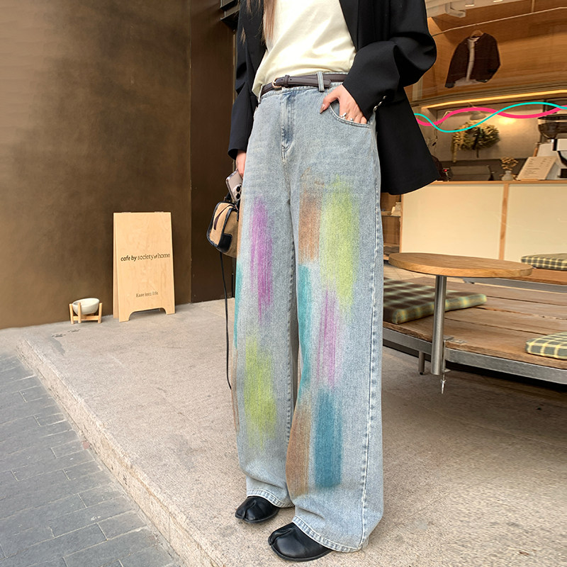 NAZ那子大码秋季新款计感彩墨休闲牛仔裤胖mm高腰复古直筒裤减龄,女装/女士精品,牛仔裤,淘宝优惠券,粉丝福利购,淘宝优惠卷