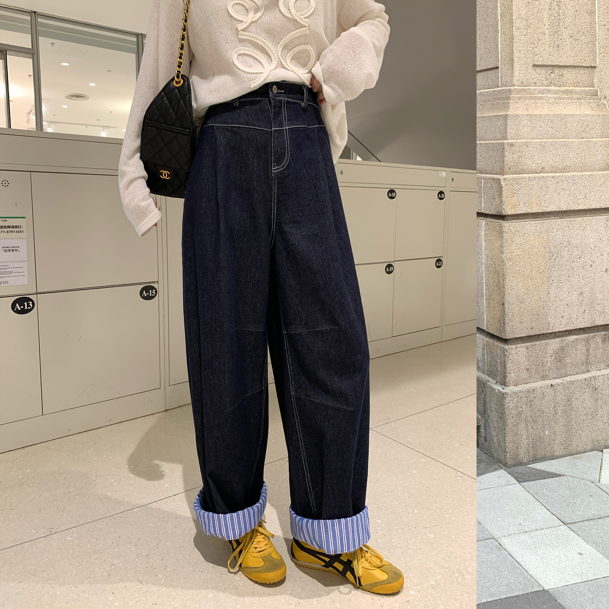 NAZ那子大码秋季脚口条纹拼接复古阔腿裤胖妹妹减龄宽松牛仔裤女