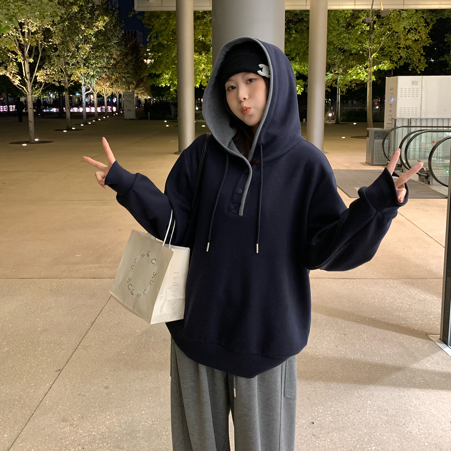 NAZ那子大码冬季空气棉双面复合连帽休闲胖mm慵懒风时尚卫衣外套