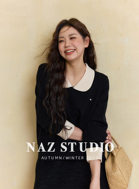 NAZ那子大码秋冬新款娃娃领撞色拼接针织衫胖mm洋气减龄显瘦内搭