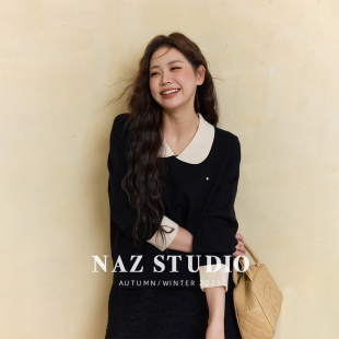 胖mm洋气减龄显瘦内搭 娃娃领撞色拼接针织衫 NAZ那子大码 秋冬新款