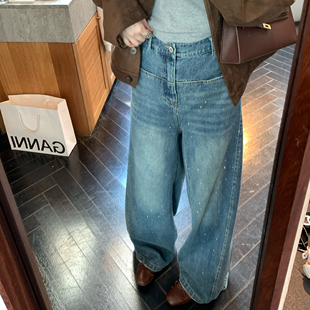 阔腿裤 NAZ那子大码 胖mm气质时尚 百搭显瘦直筒高腰烫钻牛仔裤 秋季