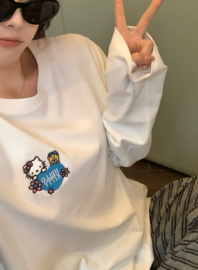 NAZ那子大码秋冬100棉Kitty熊刺绣大版白色上衣胖mm气质休闲T恤女