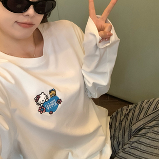 NAZ那子大码 白色上衣胖mm气质休闲T恤女 秋冬100棉Kitty熊刺绣大版