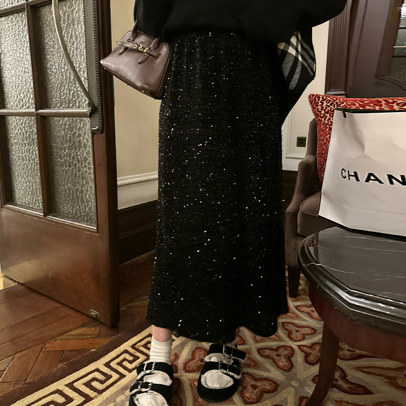 NAZ那子大码夜幕星光年会裙亮闪闪丝绒亮片优雅复古胖mm洋气半裙