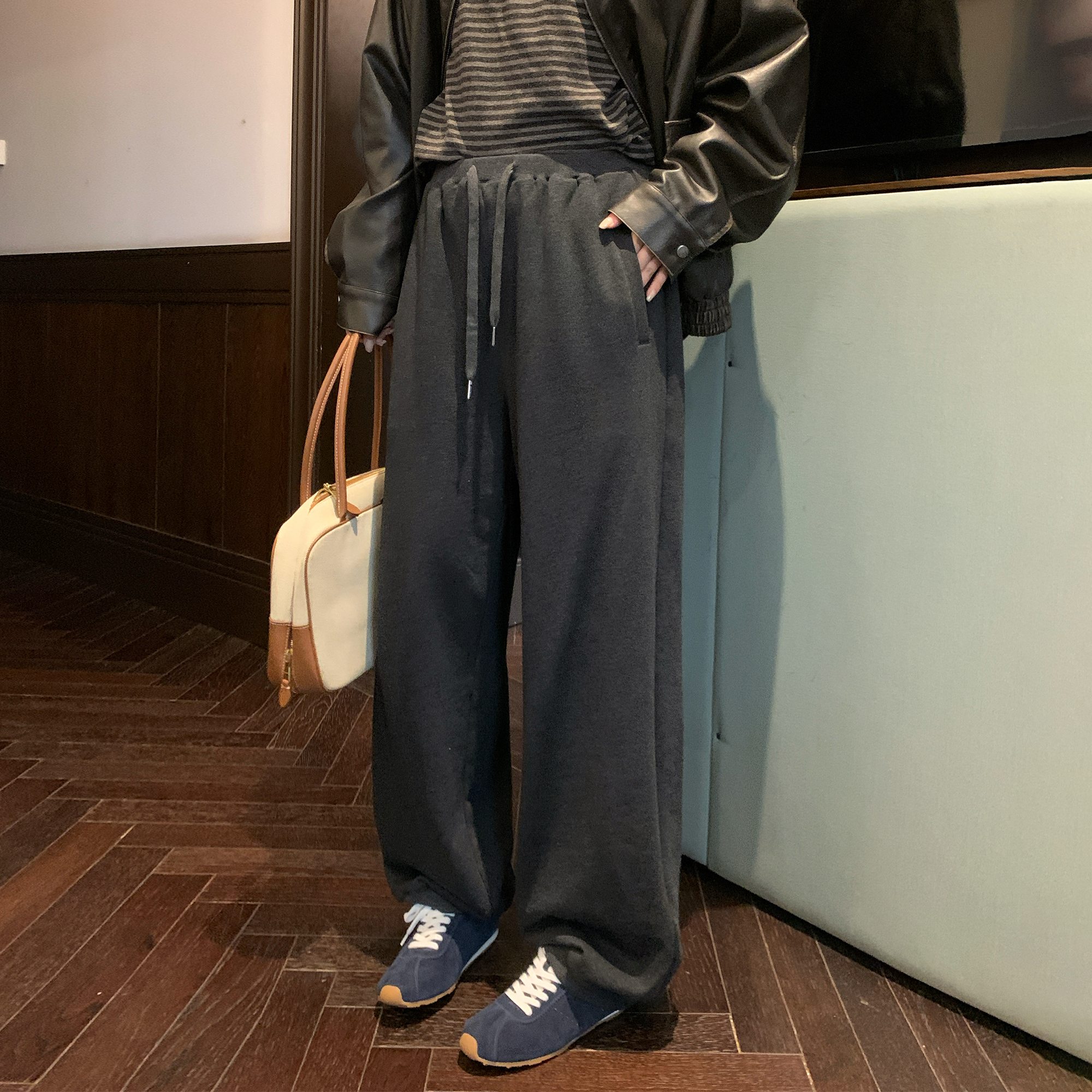 NAZ那子大码秋冬全棉螺纹收口阔腿裤胖mm慵懒宽松直筒休闲卫裤女