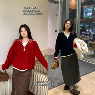 100羊毛条纹大翻领撞色毛衣胖mm宽松休闲针织衫 NAZ那子大码 冬季