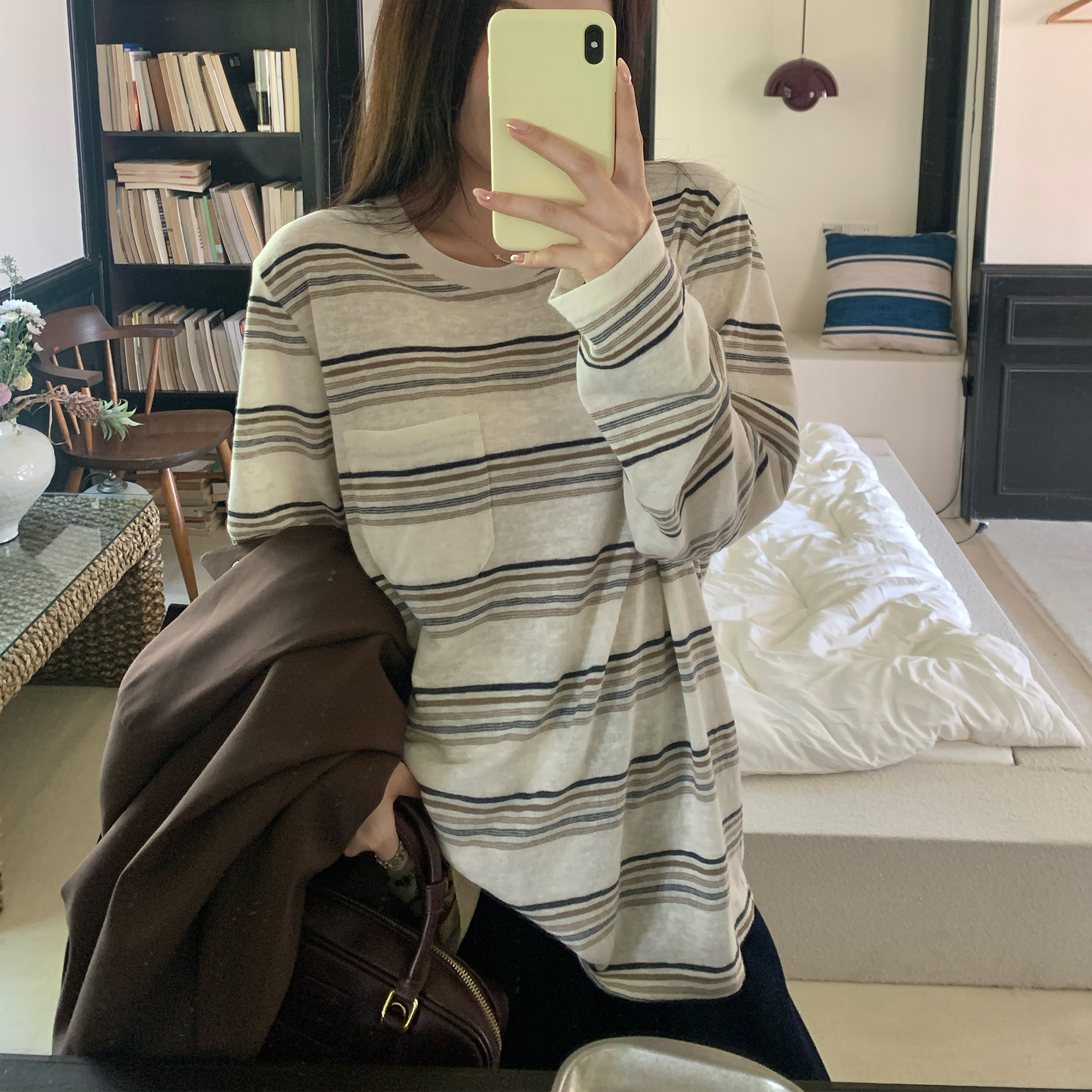 NAZ那子大码秋装韩系宽松条纹T恤胖mm大版慵懒风时尚气质百搭上衣