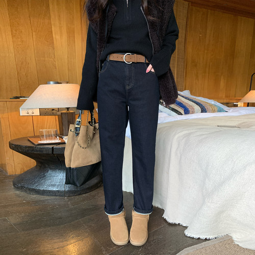 NAZ那子大码冬季加绒直筒烟管裤胖mm复古高腰显瘦百搭九分牛仔裤