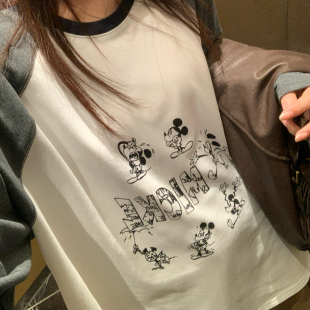 NAZ那子大码 休闲T恤胖mm拼接上衣女 秋季 云朵绒童趣印花撞色插肩袖