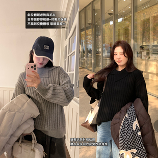设计感显瘦上衣女 不规则翻领老钱风毛衣胖mm时尚 NAZ那子大码 冬季