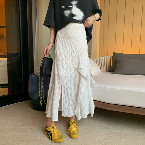 NAZ那子大码 亮丝梭织高腰显瘦不规则半身裙胖mm气质荷叶边A字裙