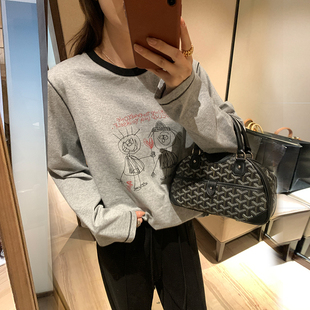 T恤胖mm复古慵懒风上衣女 NAZ那子大码 春季 新款 火柴人涂鸦印花长袖